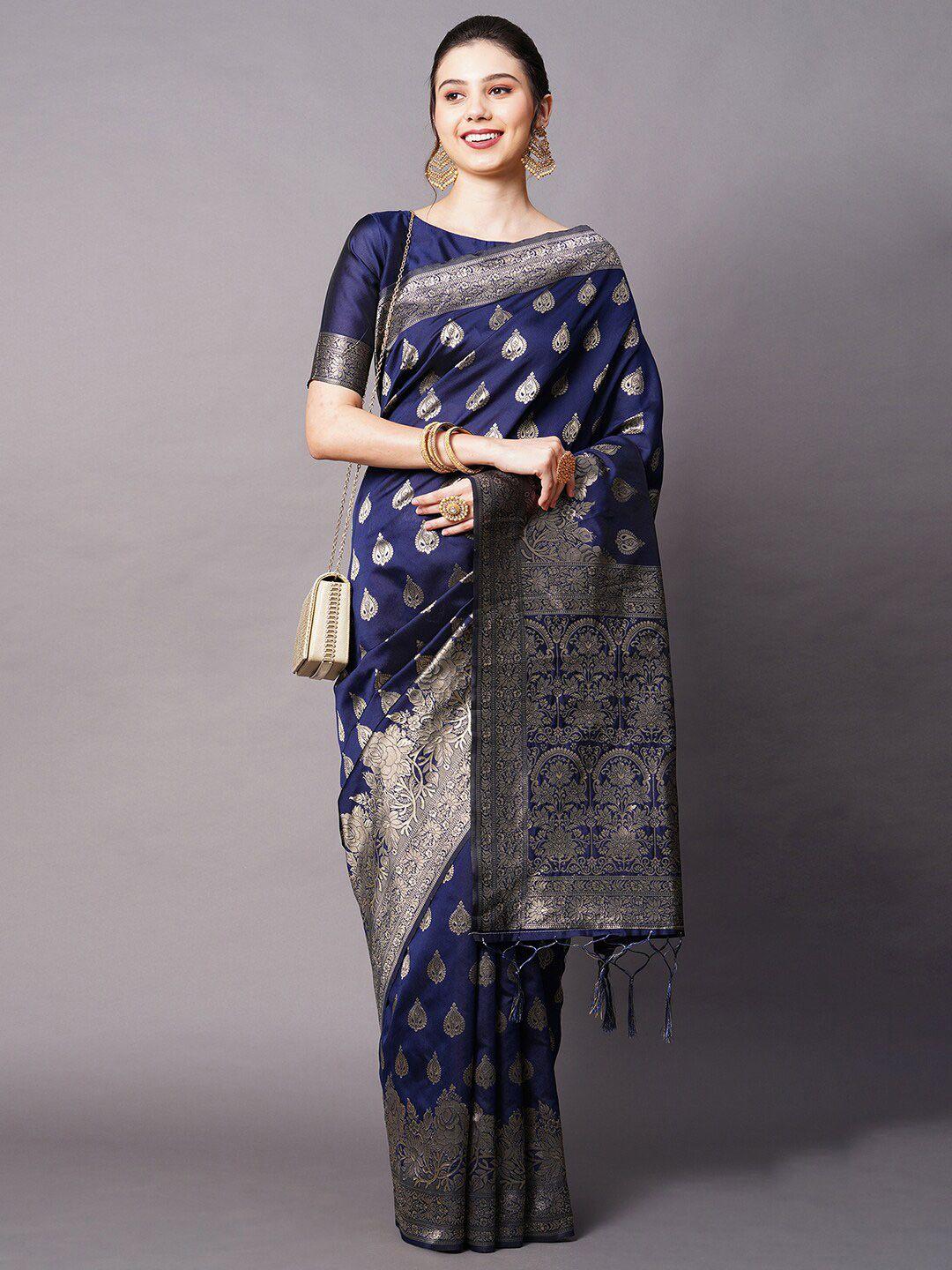 mitera navy blue & silver-toned woven design silk blend banarasi saree