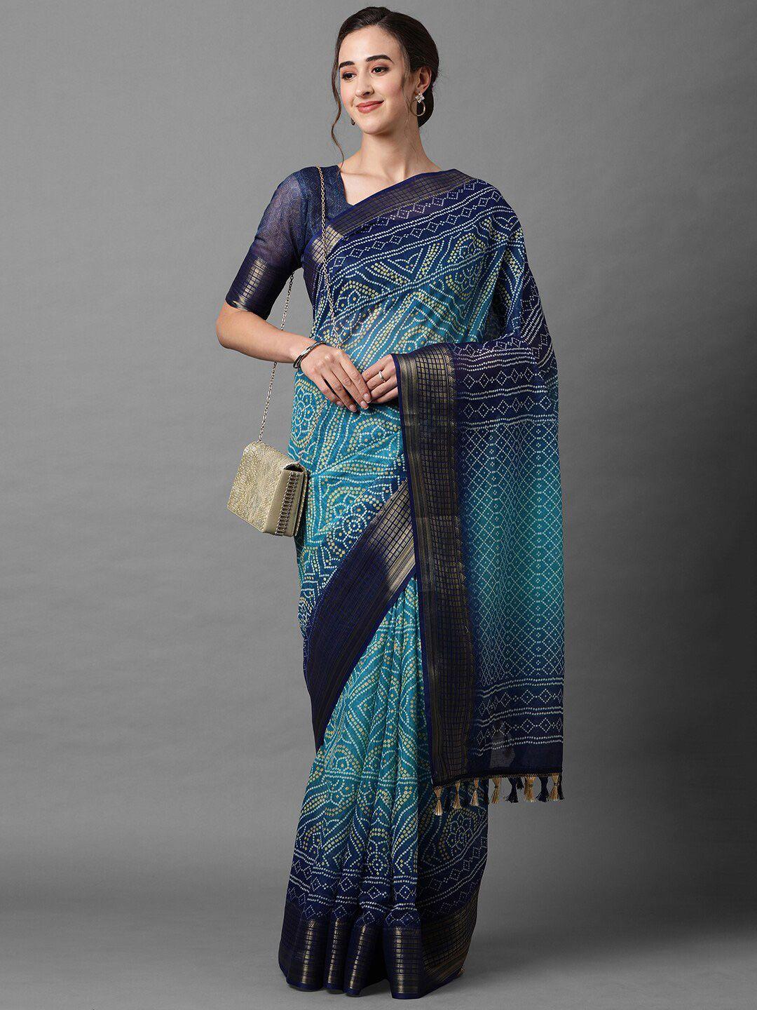 mitera navy blue & white bandhani zari linen blend bandhani saree