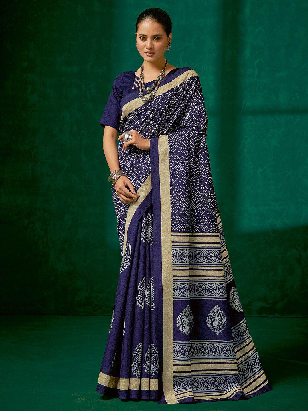 mitera navy blue & white ethnic motifs art silk bhagalpuri saree