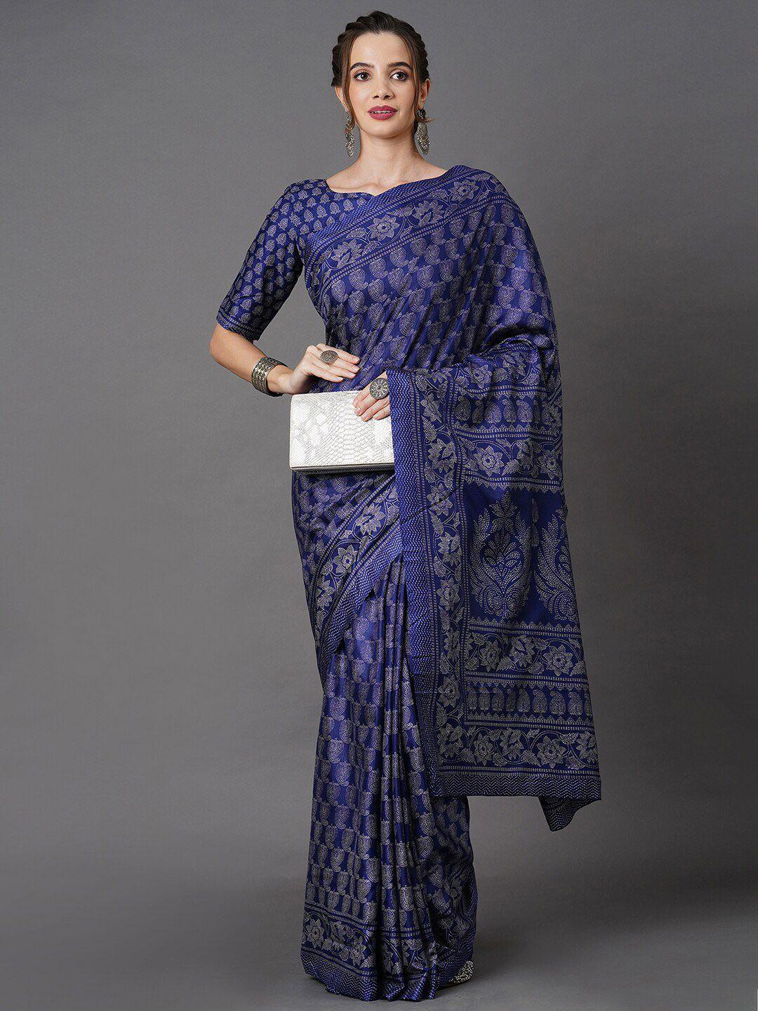 mitera navy blue & white ethnic motifs printed art silk saree