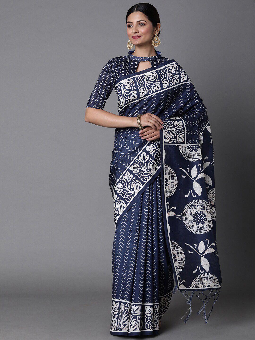 mitera navy blue & white geometric printed art silk bagh saree