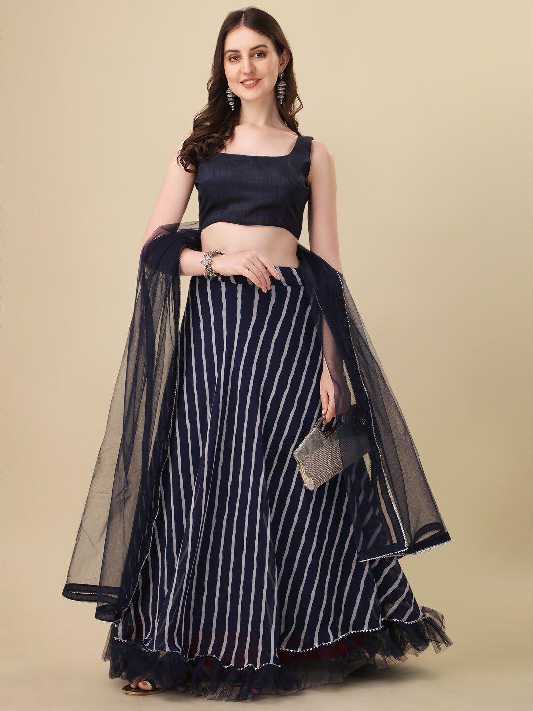 mitera navy blue & white semi-stitched lehenga & unstitched blouse with dupatta