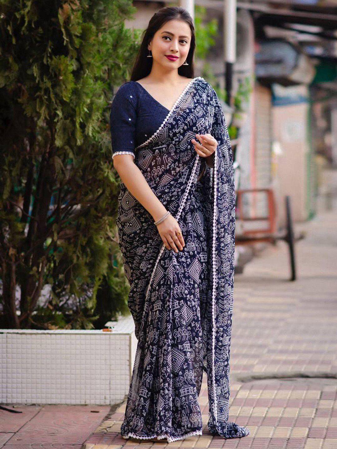 mitera navy blue & white warli printed mirror work saree