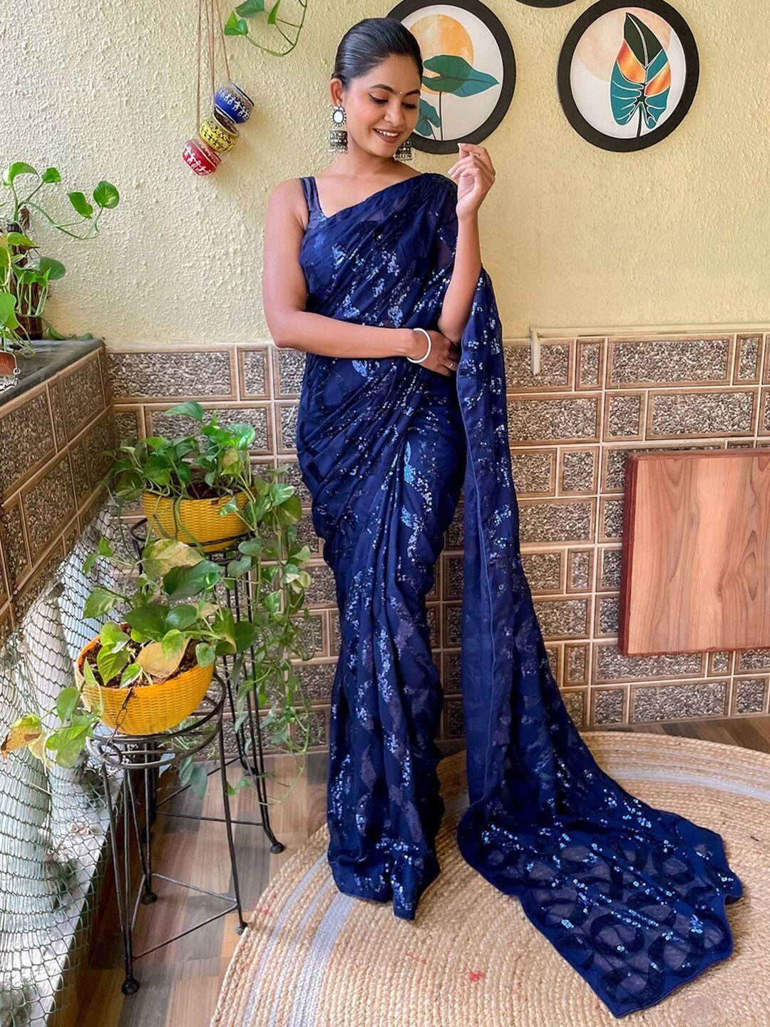 mitera navy blue embellished sequinned pure georgette saree