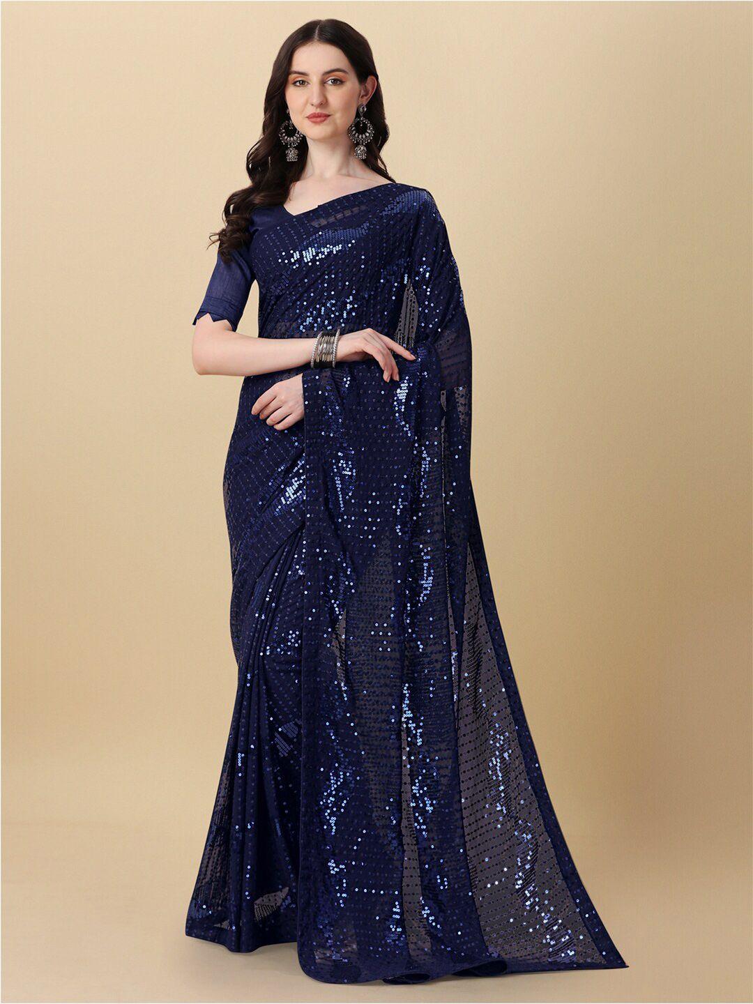 mitera navy blue embellished sequinned pure georgette saree