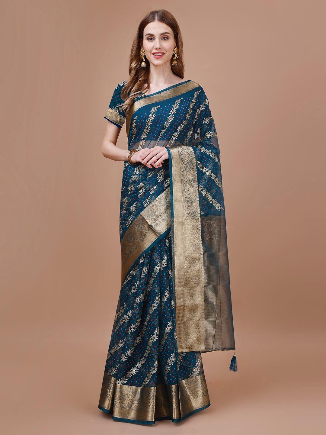 mitera navy blue ethnic motifs latkan foil printed zari organza saree