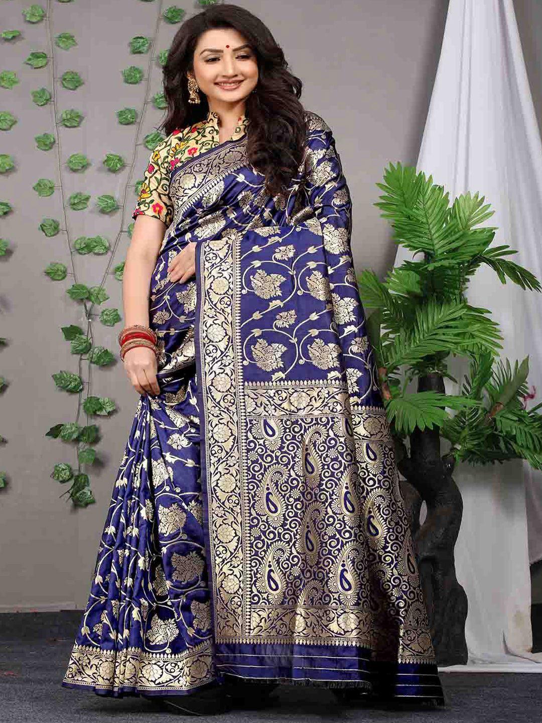 mitera navy blue ethnic motifs woven design art silk saree