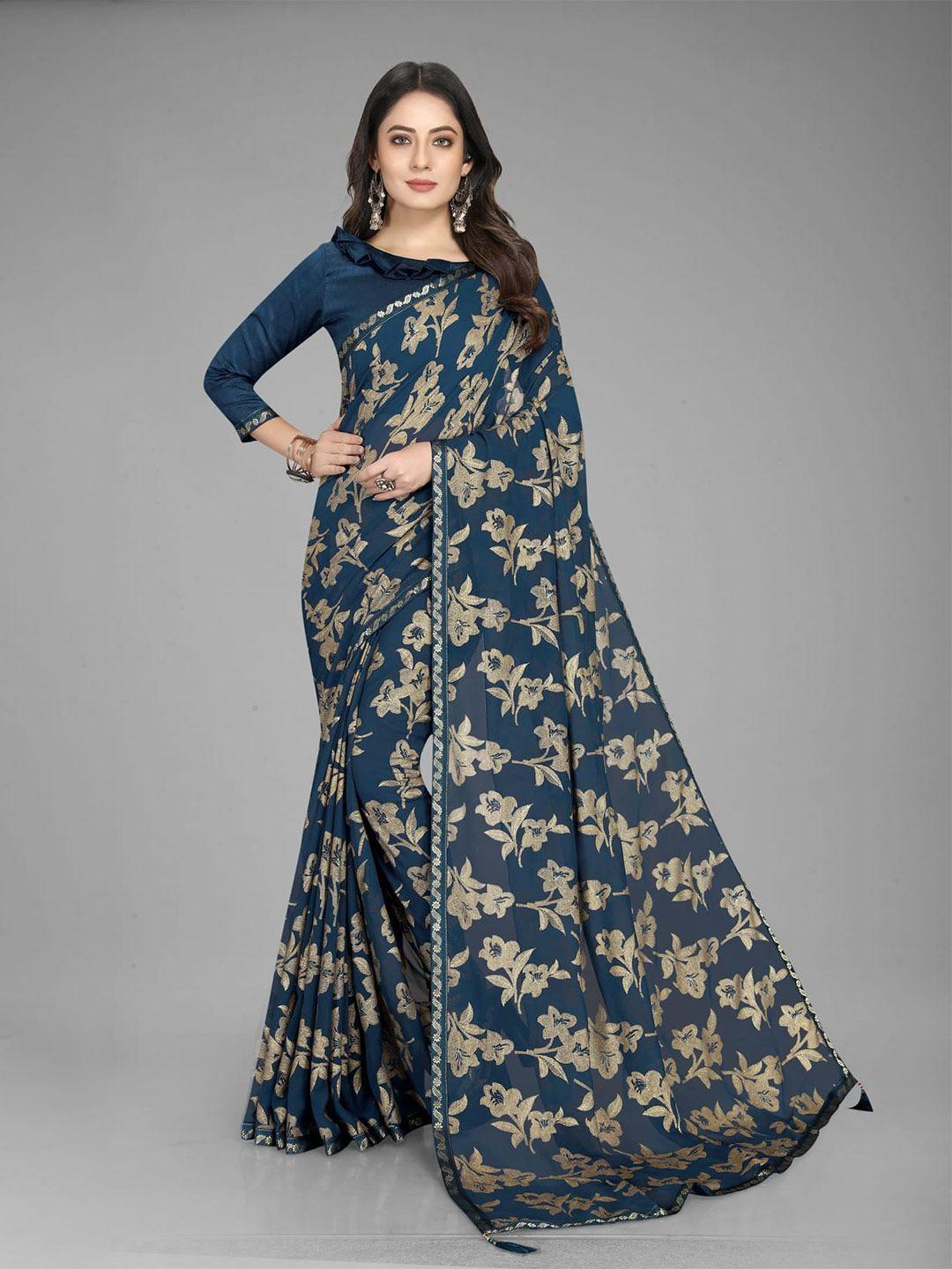 mitera navy blue floral printed saree