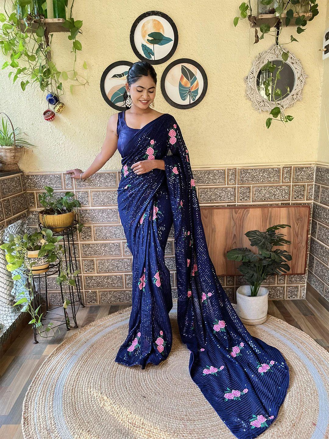 mitera navy blue floral sequinned poly georgette designer saree