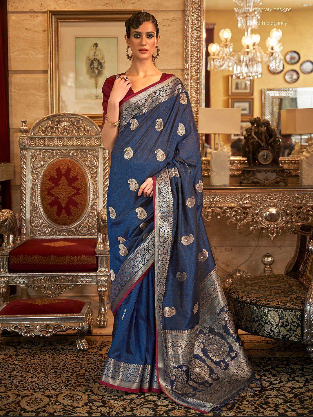 mitera navy blue paisley zari silk blend banarasi saree