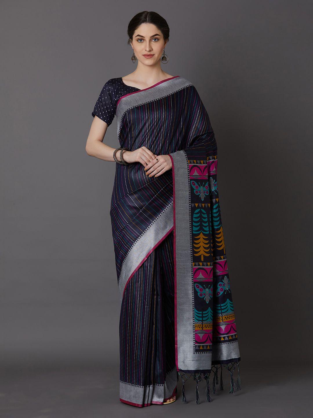 mitera navy blue printed silk blend saree