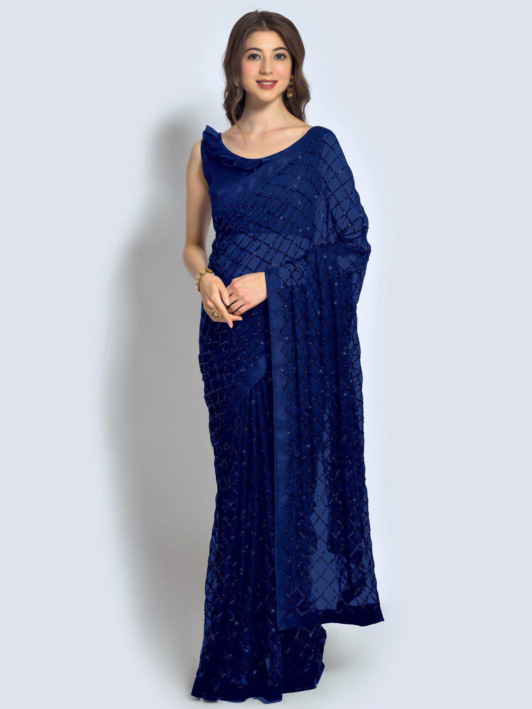 mitera navy blue sequinned embellished pure georgette saree