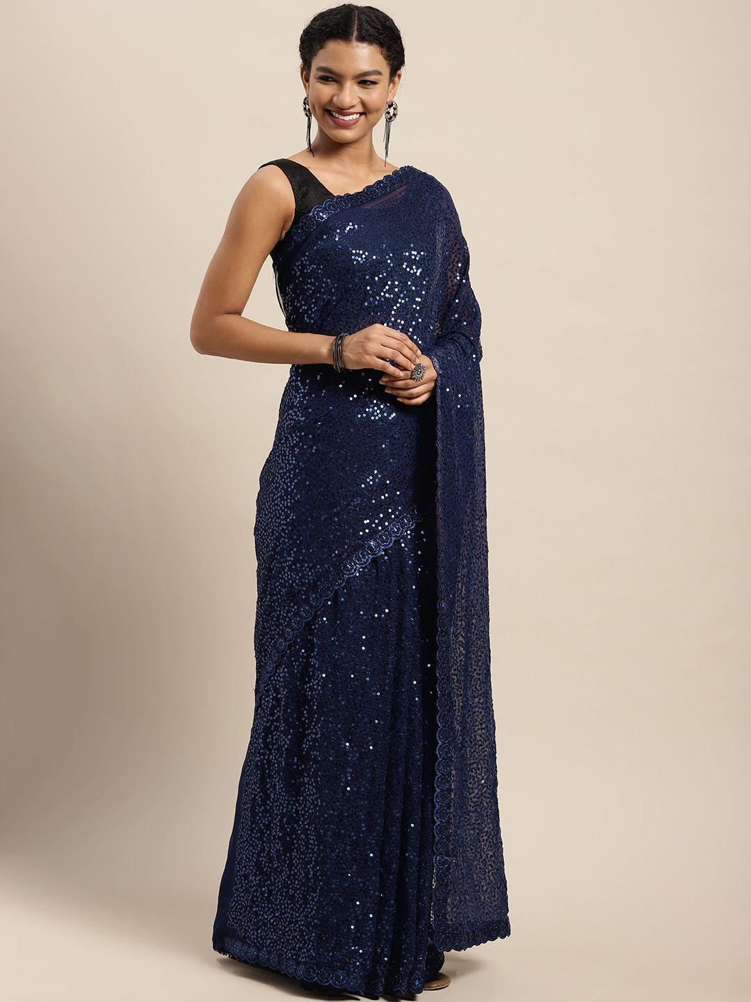 mitera navy blue sequinned saree