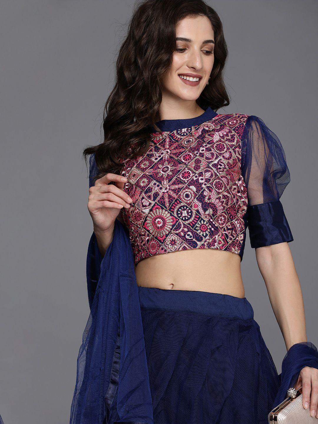 mitera navy blue thread work semi-stitched lehenga & unstitched blouse with dupatta