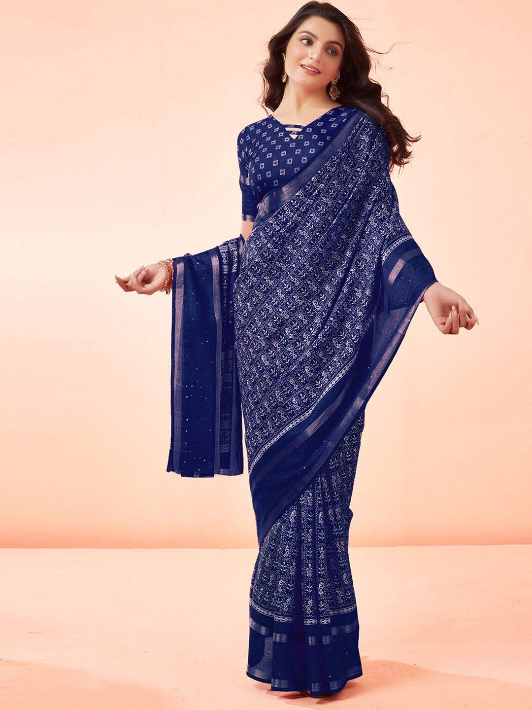 mitera navy blue warli printed zari embellished saree