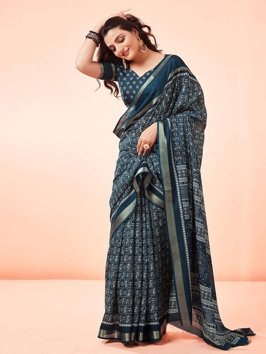 mitera navy warli printed zari embellished saree