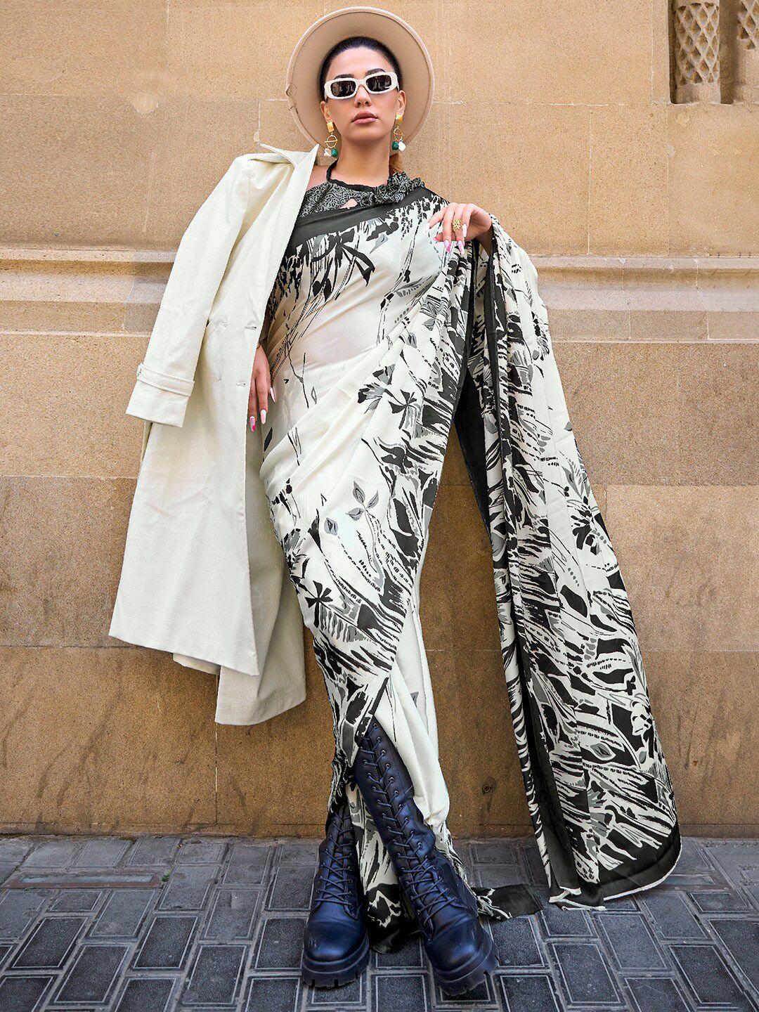 mitera off white & black abstract printed saree