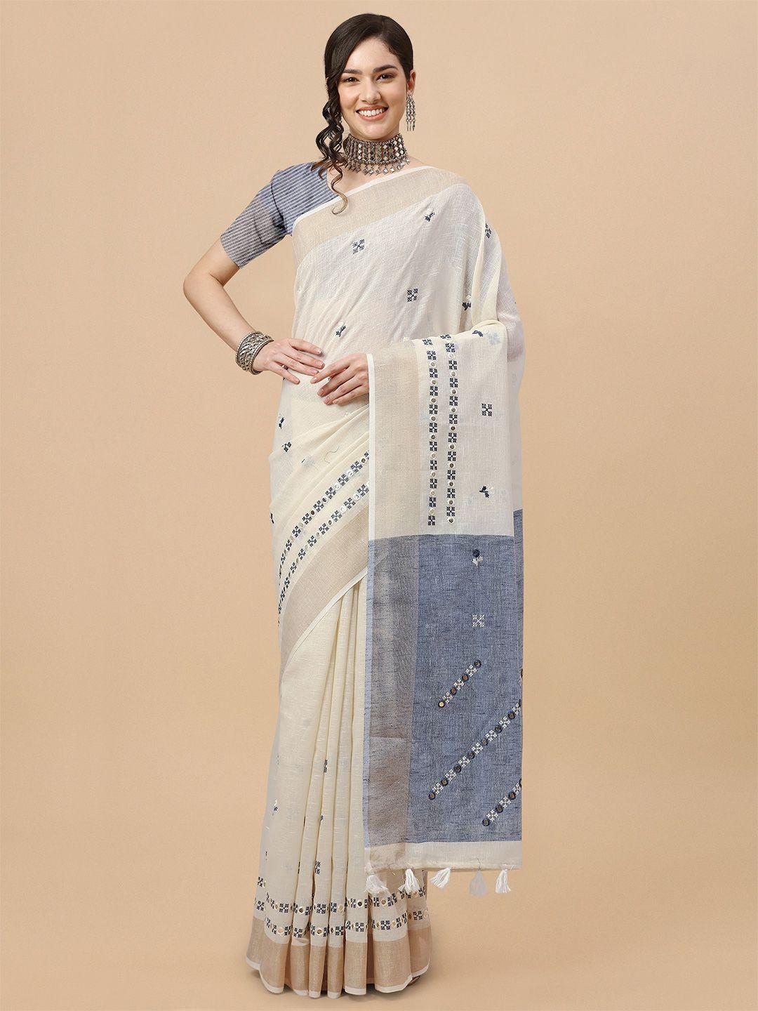 mitera off white & blue ethnic motifs embroidered pure linen saree