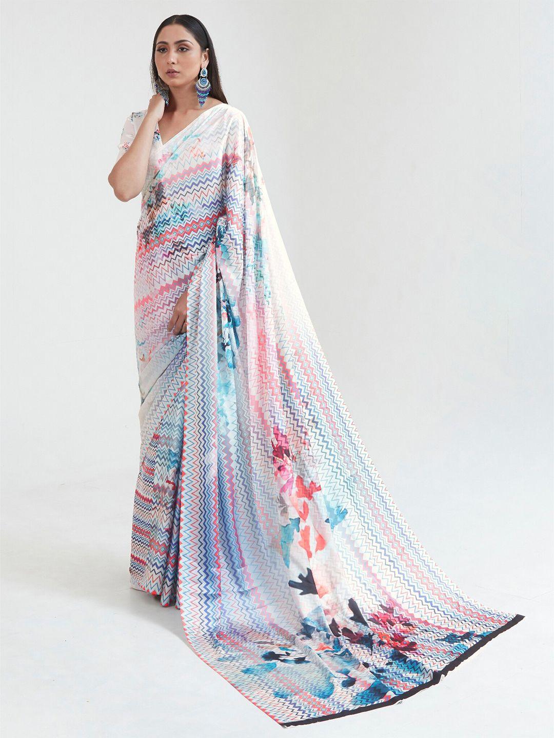 mitera off white & blue floral satin saree