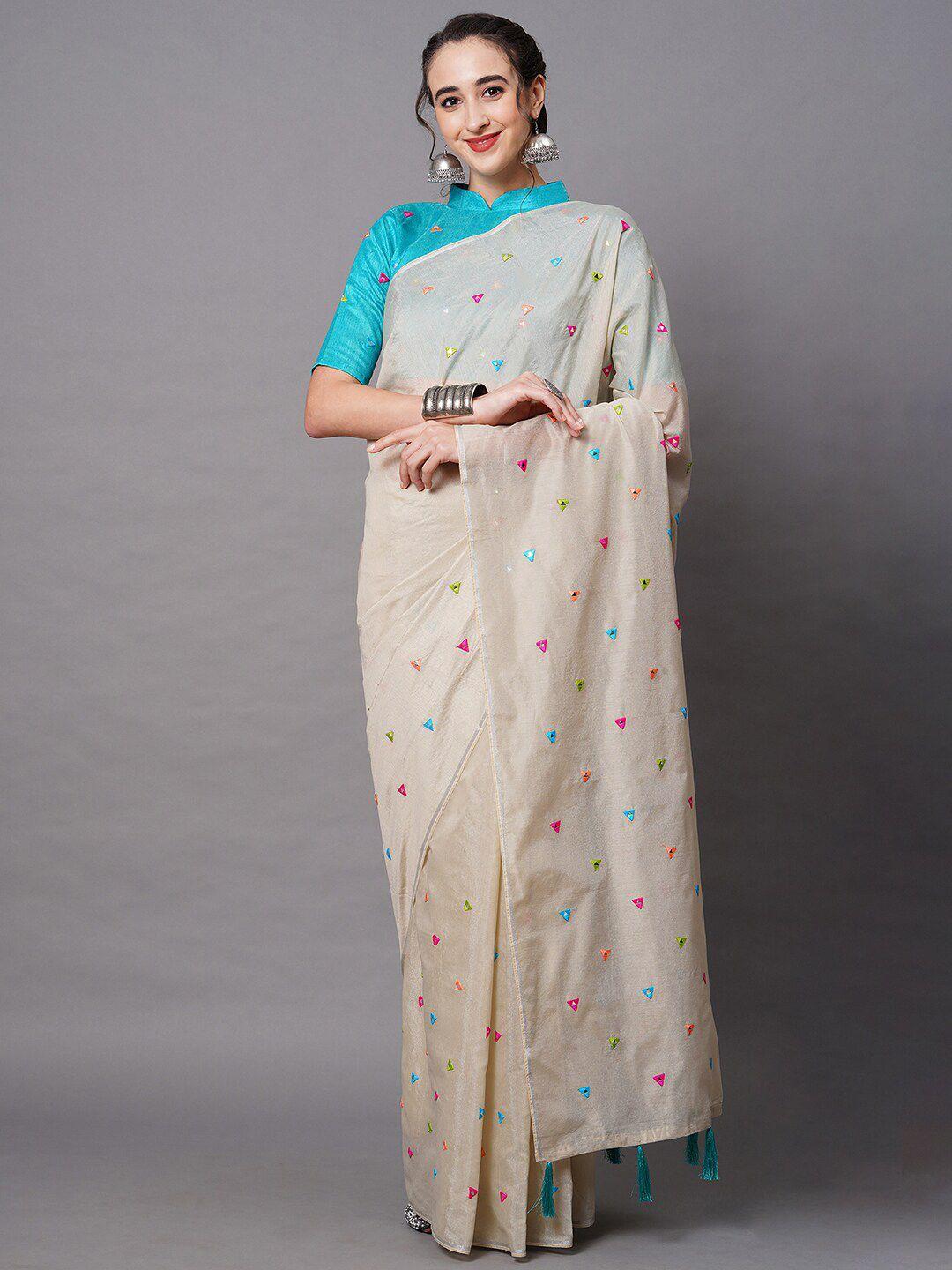 mitera off white & blue mirror work embellished saree