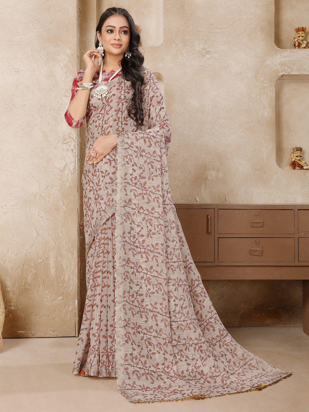 mitera off white & brown floral printed zari bagh saree