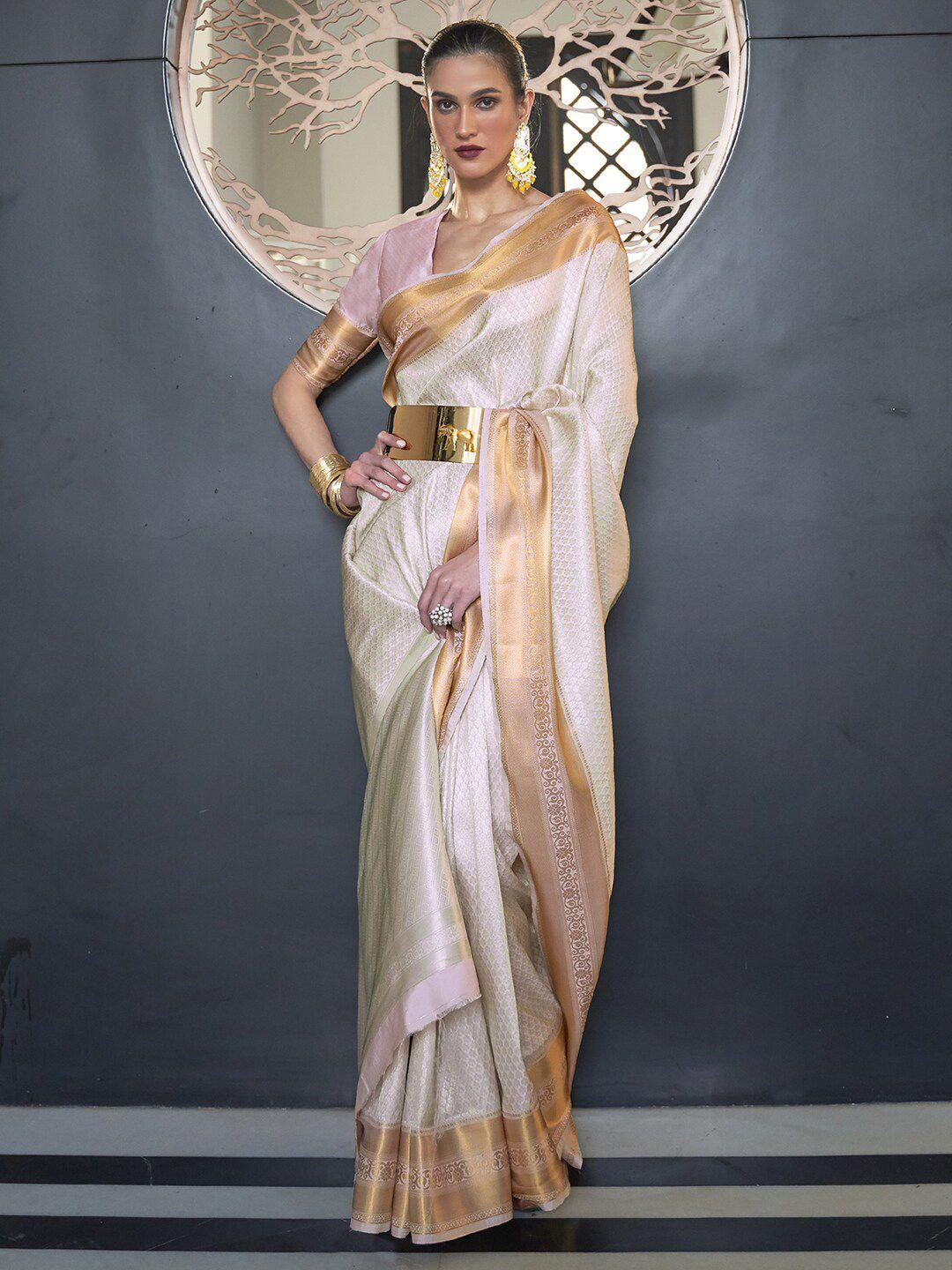 mitera off white & gold-toned ethnic motifs zari silk blend banarasi saree