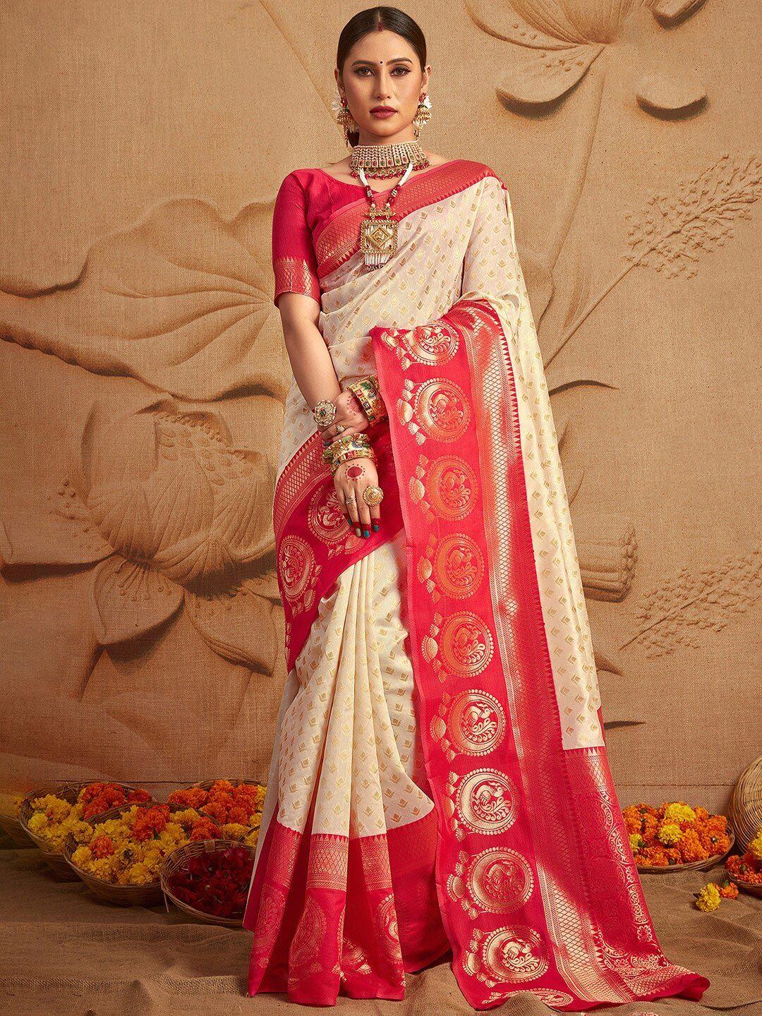 mitera off white & gold-toned ethnic motifs zari silk blend kanjeevaram saree