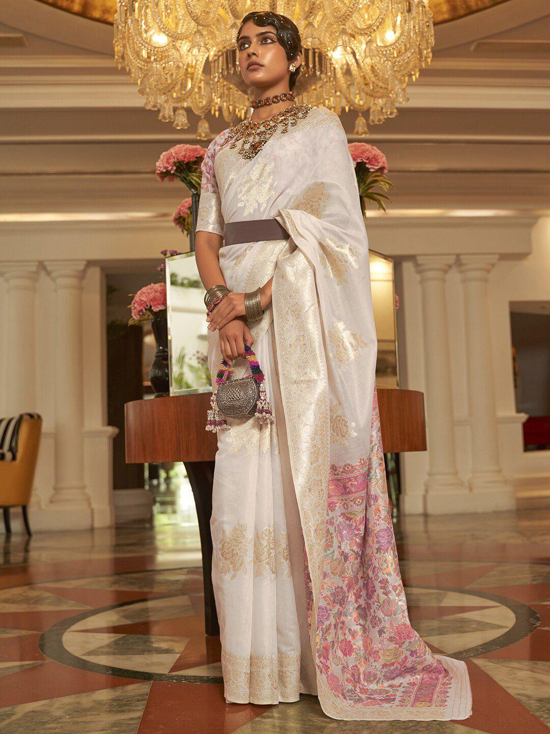 mitera off white & gold-toned floral zari silk blend bagru saree