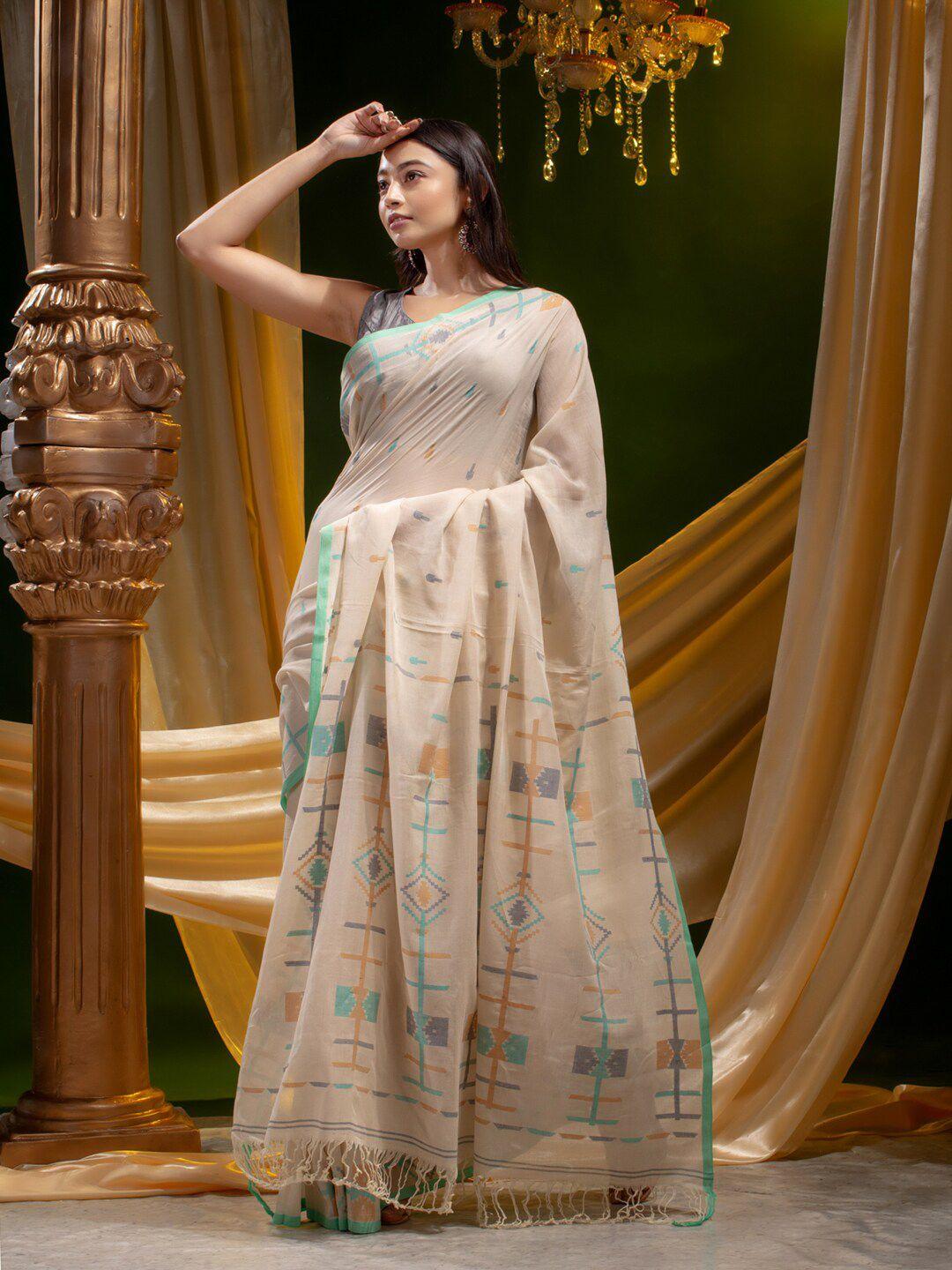 mitera off white & grey pure cotton printed saree