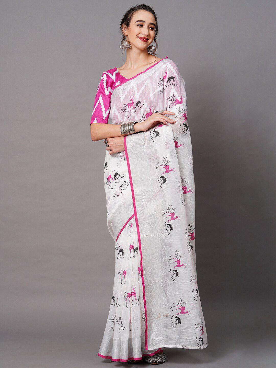 mitera off white & magenta ethnic motifs linen blend saree