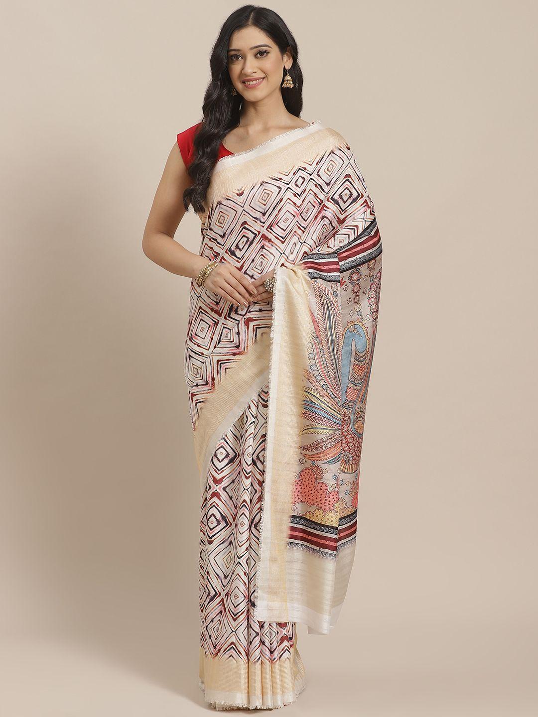 mitera off-white & maroon geometric print saree