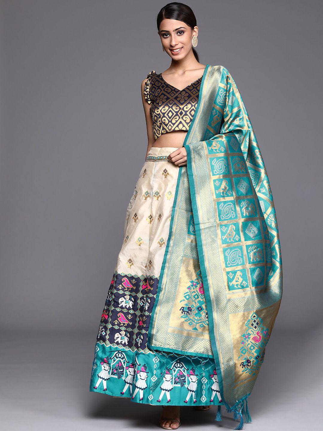 mitera off white & navy blue semi-stitched lehenga & unstitched blouse with dupatta