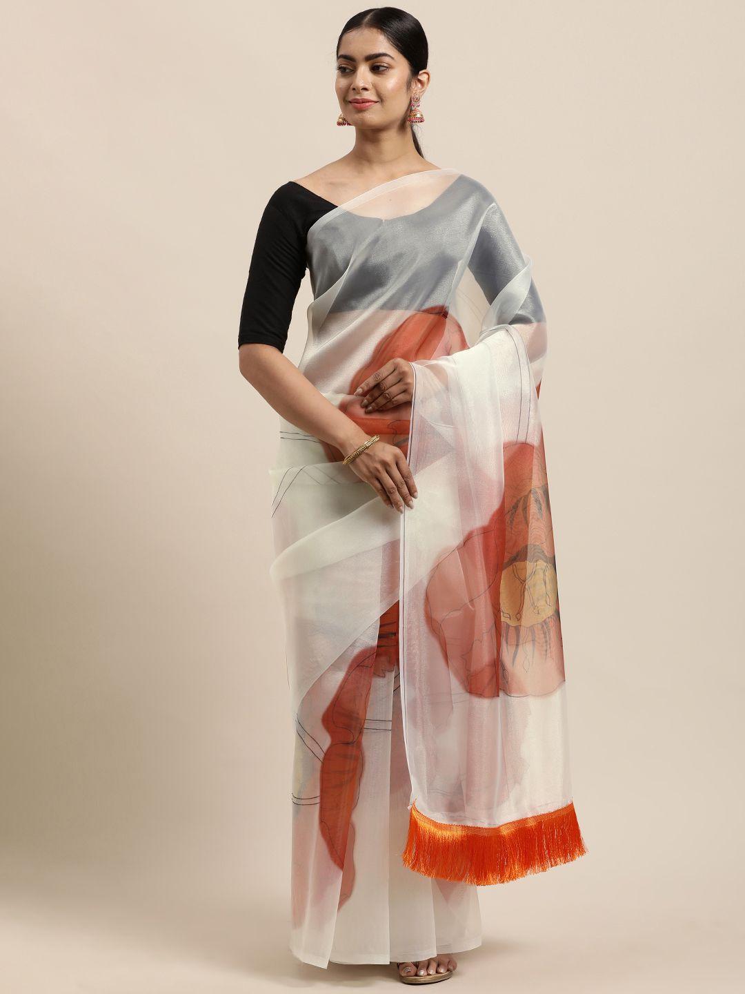 mitera off white & orange floral organza saree