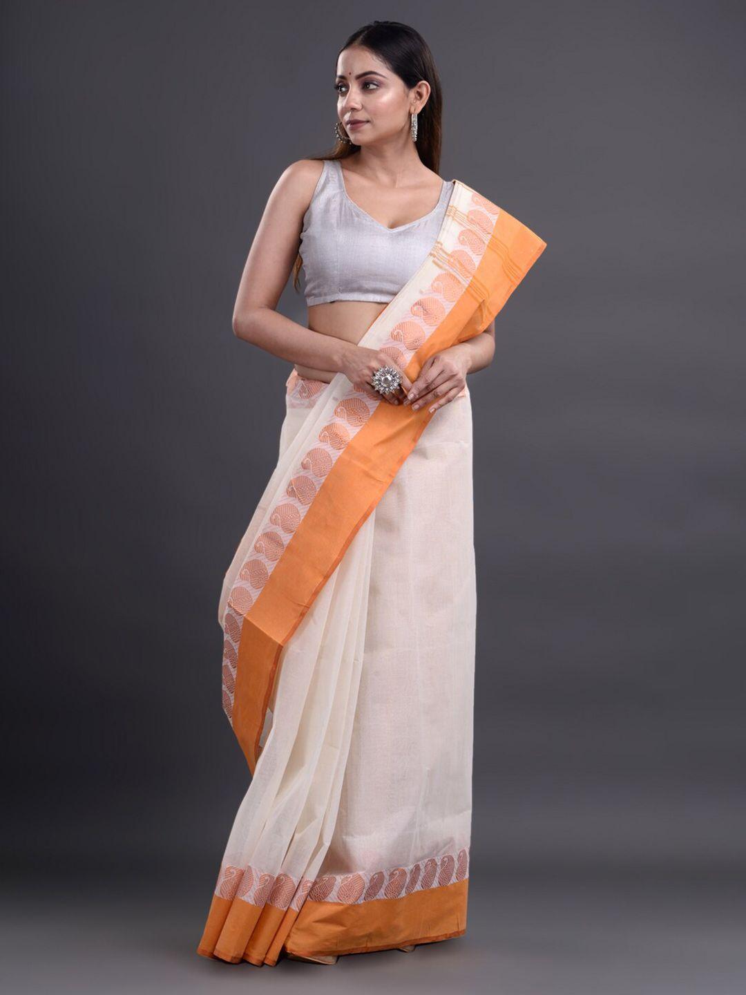 mitera off white & orange pure cotton taant saree