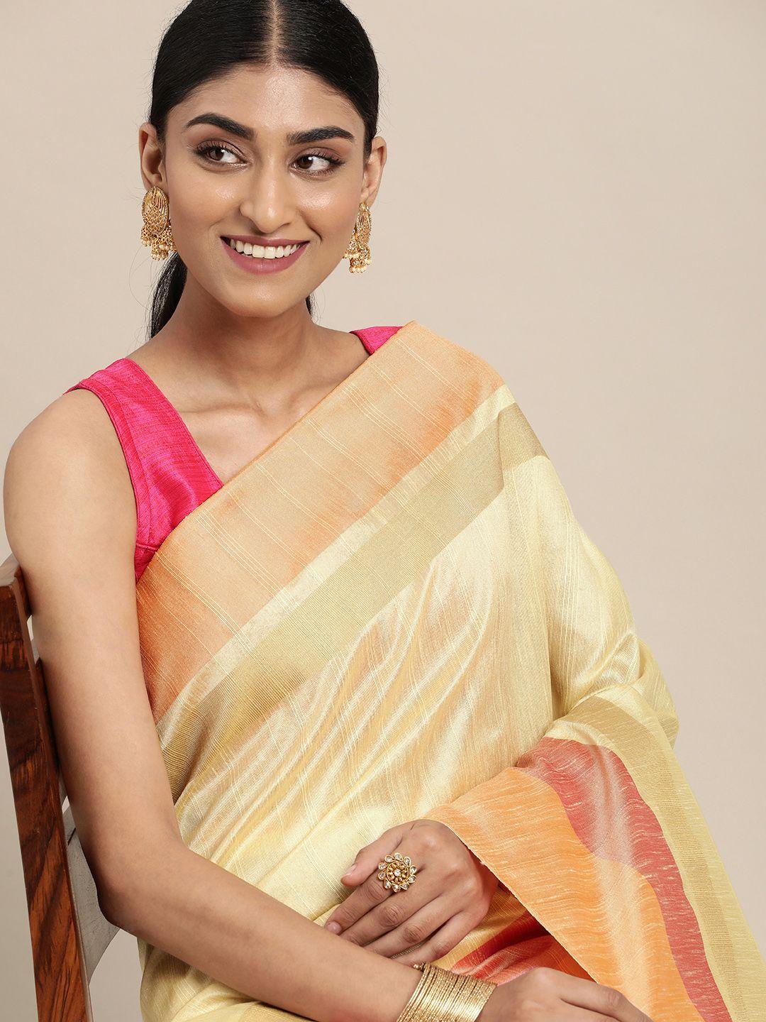 mitera off white & peach-coloured silk blend saree with contrast pallu