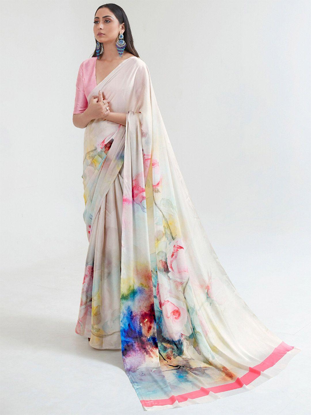 mitera off-white & pink abstract printed satin saree