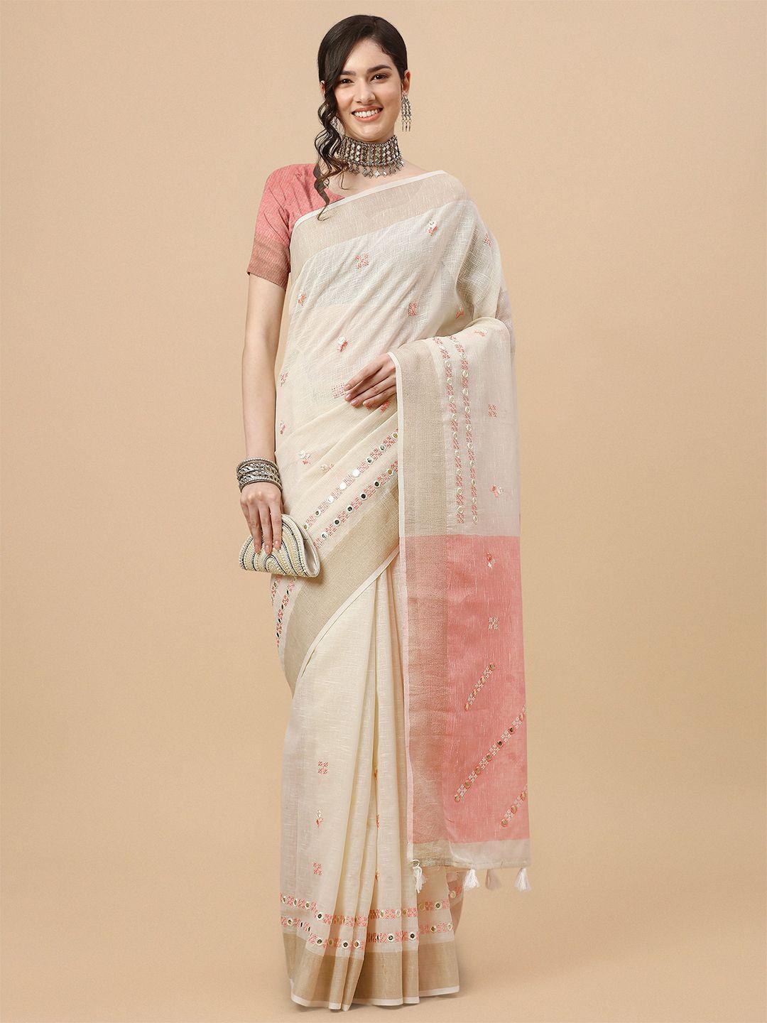 mitera off white & pink floral embroidered pure linen saree