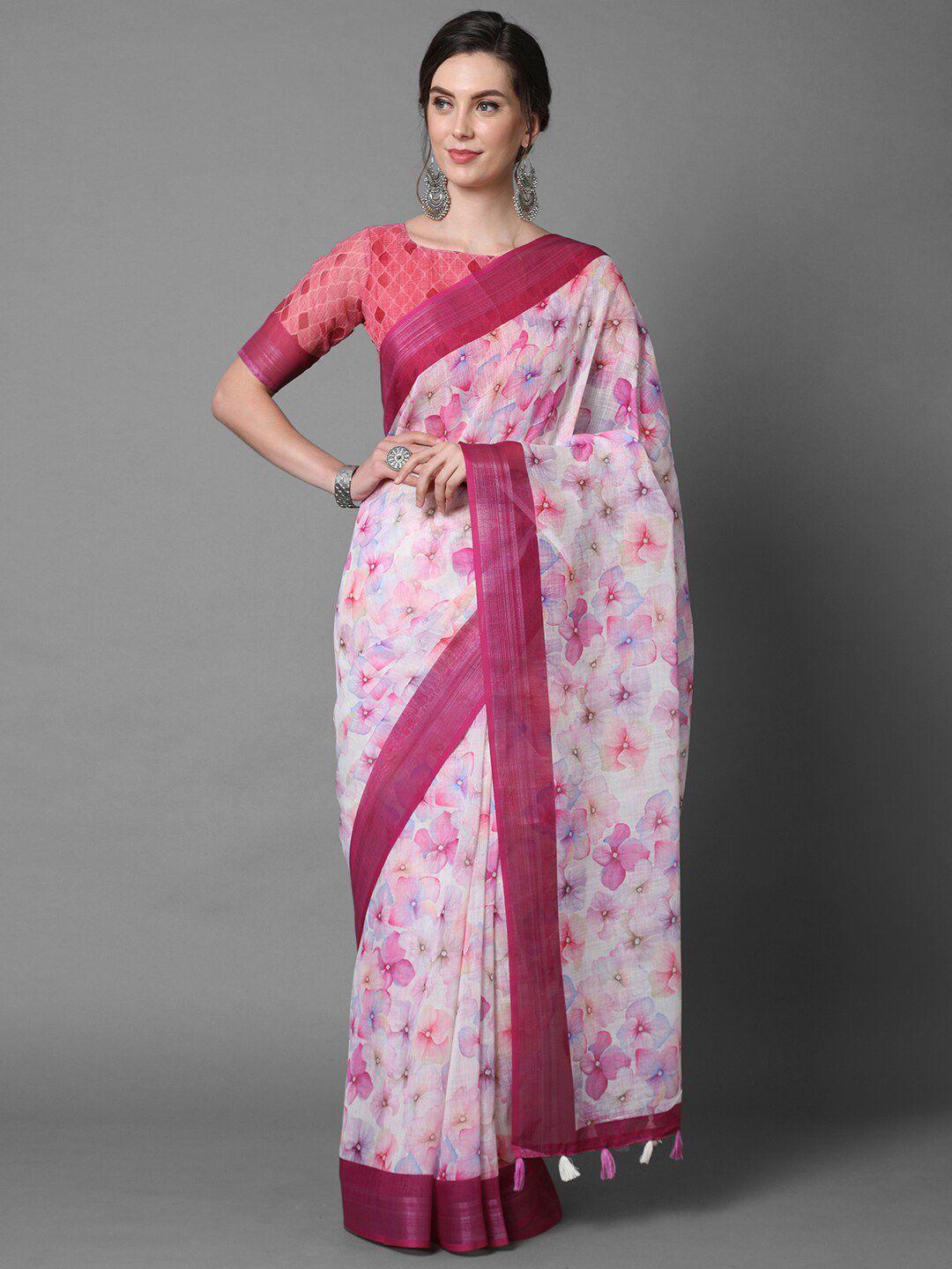 mitera off white & pink floral linen blend saree