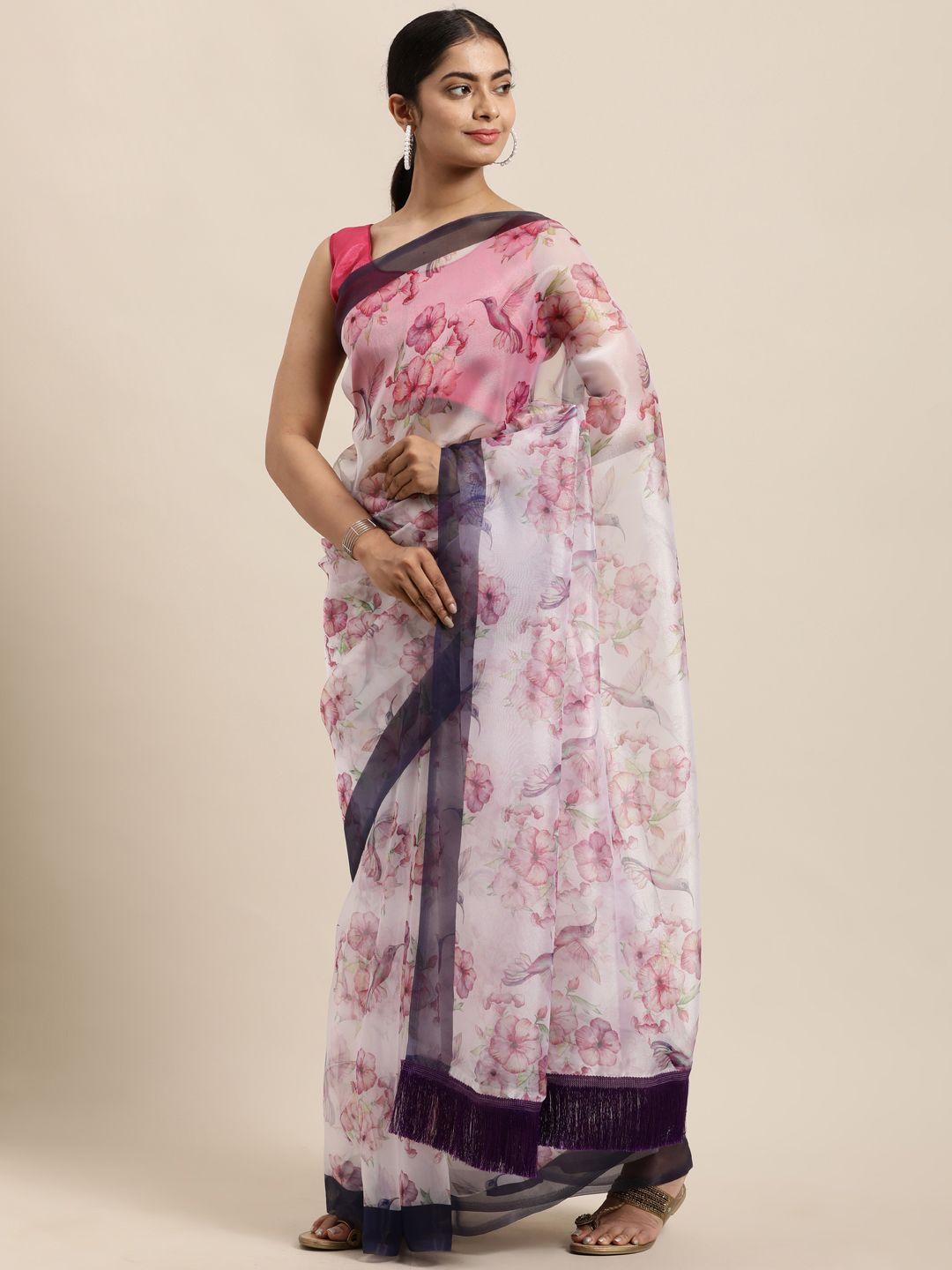 mitera off white & pink floral organza saree