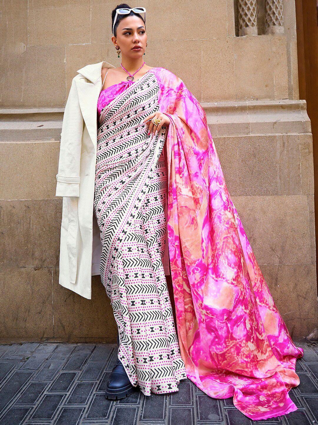 mitera off white & pink pure crepe block print saree