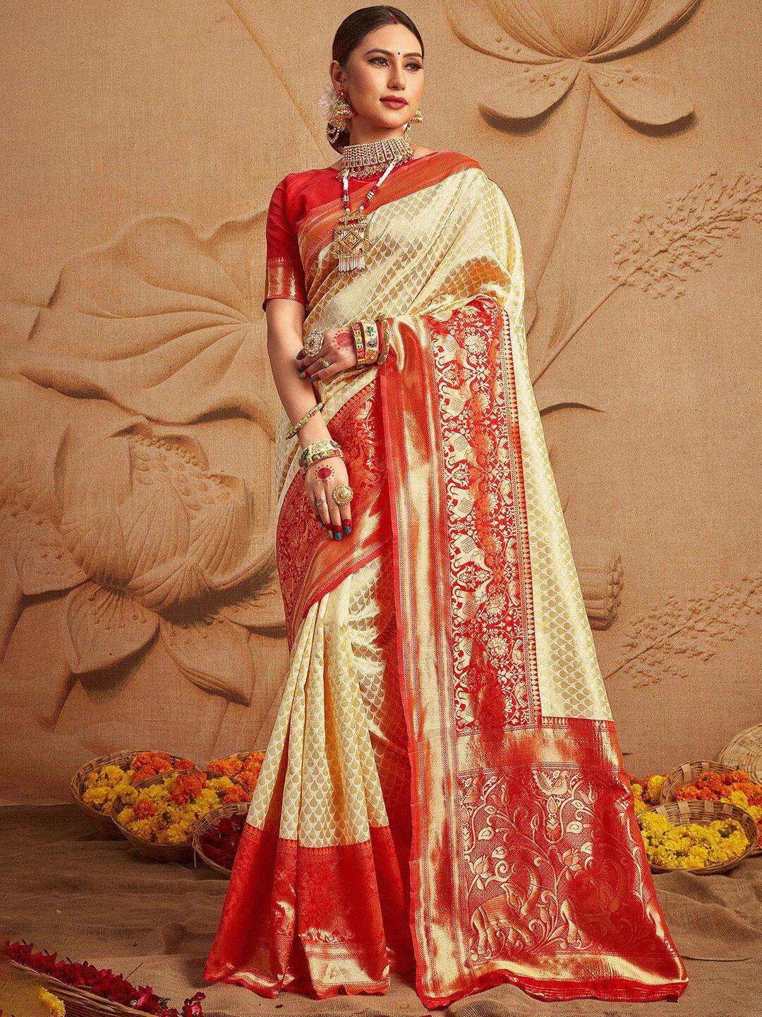 mitera off white & red ethnic motifs zari silk blend kanjeevaram saree