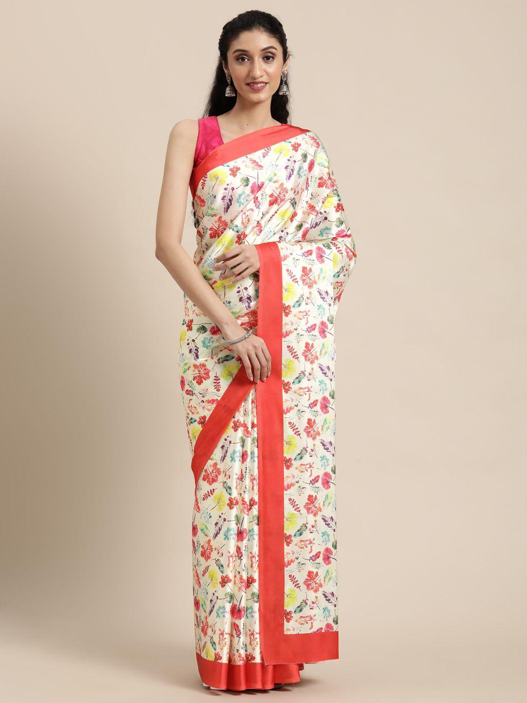 mitera off white & red floral satin saree