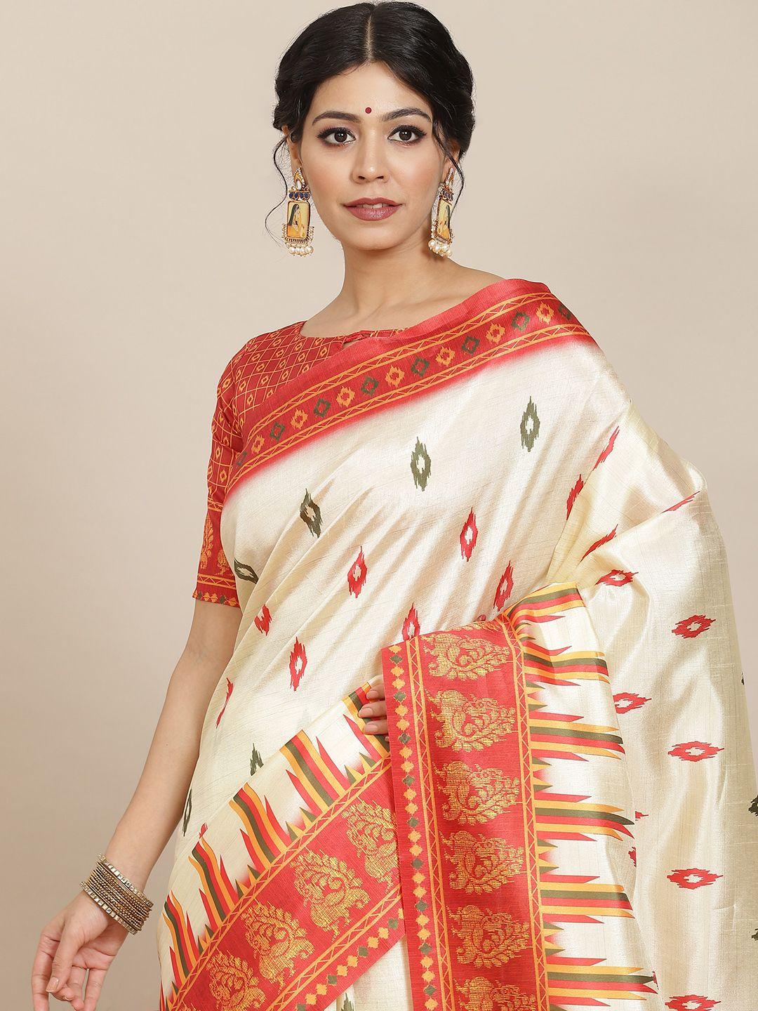 mitera off white & red silk blend ethnic printed banarasi saree