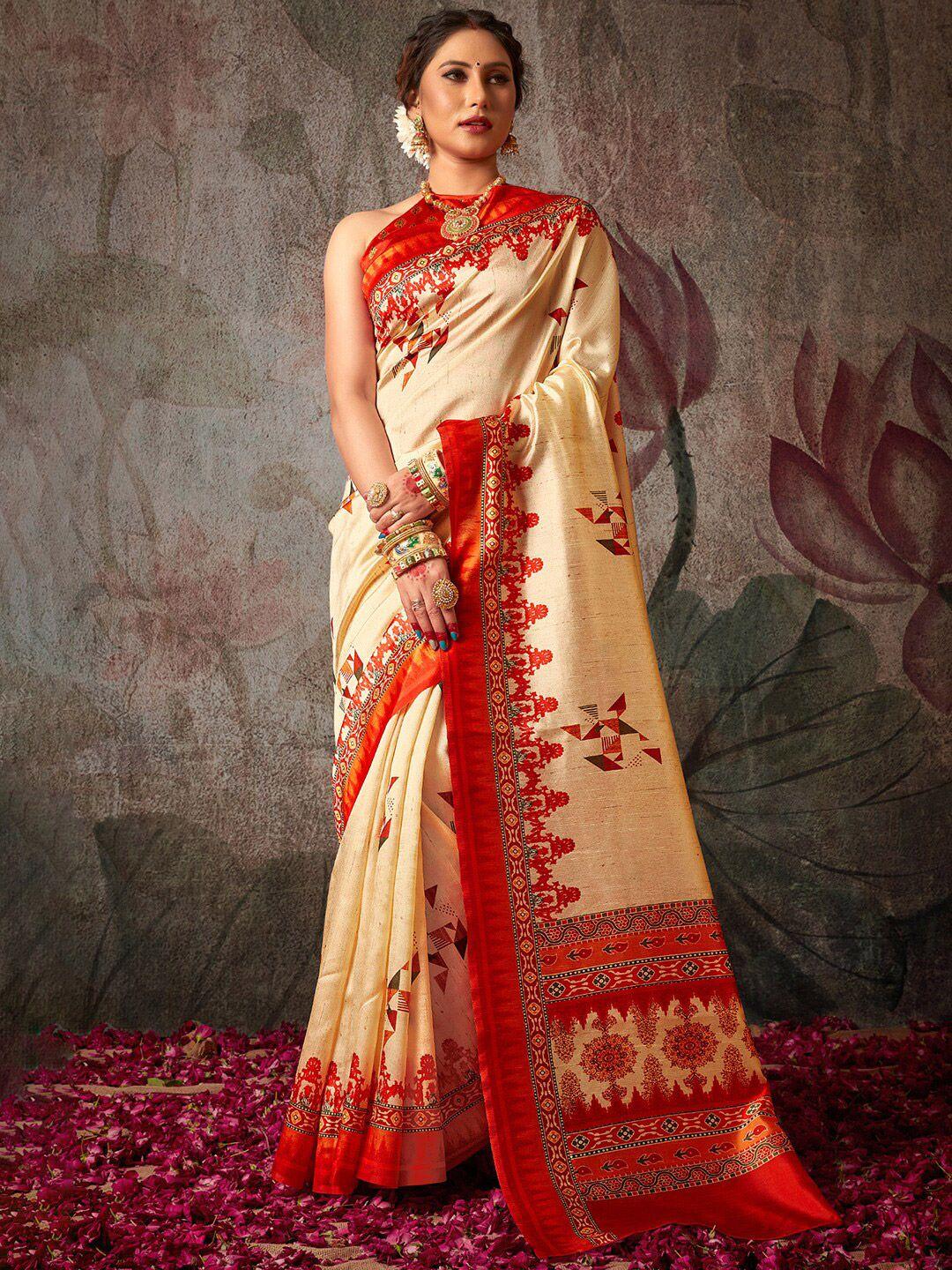 mitera off white & red silk blend sambalpuri saree