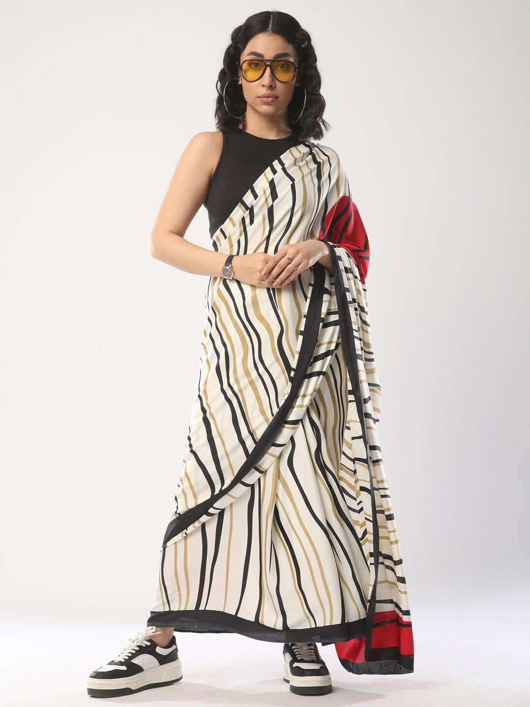 mitera off white & red striped pure crepe saree