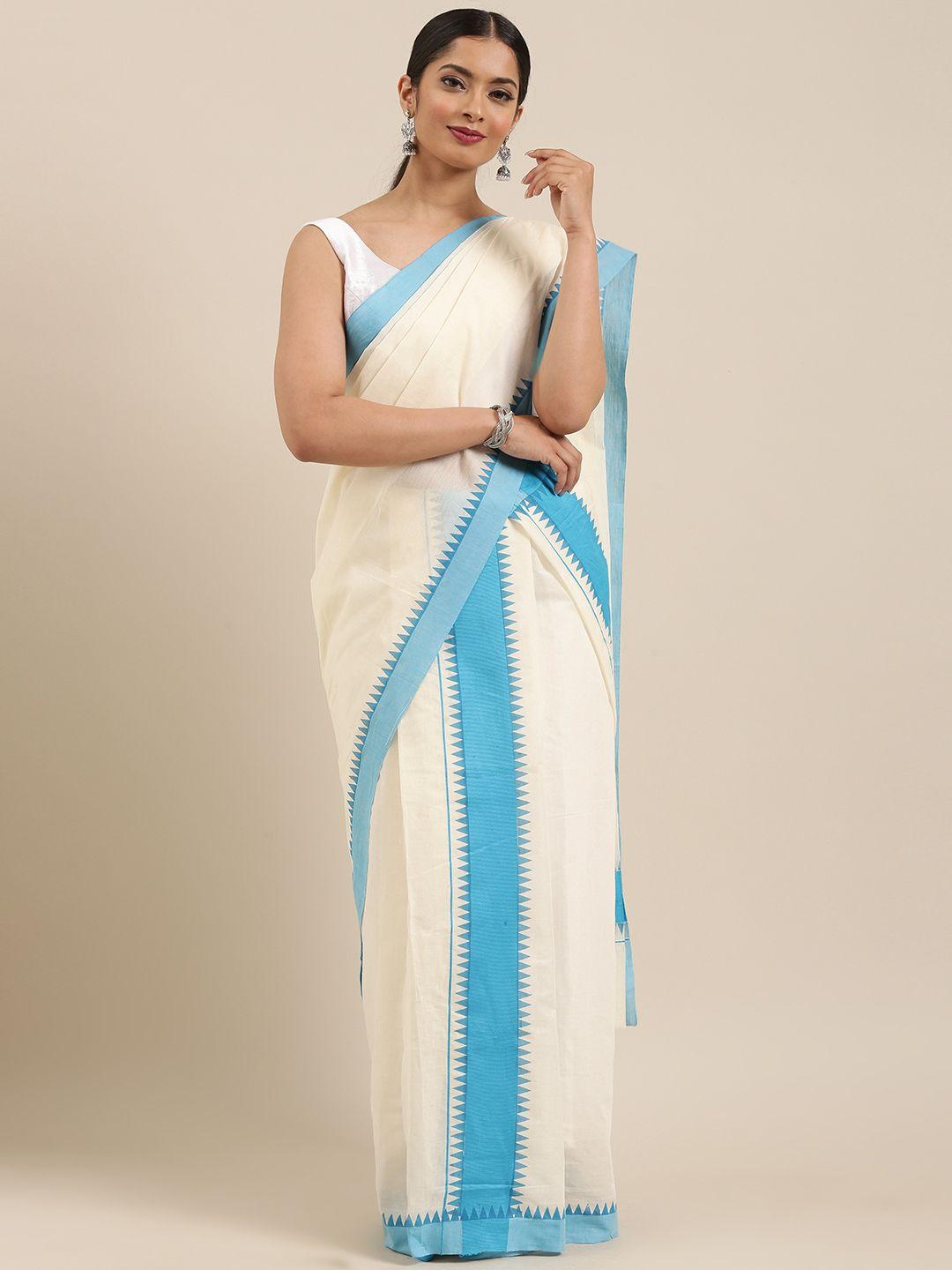 mitera off-white pure cotton solid kasavu mundu saree