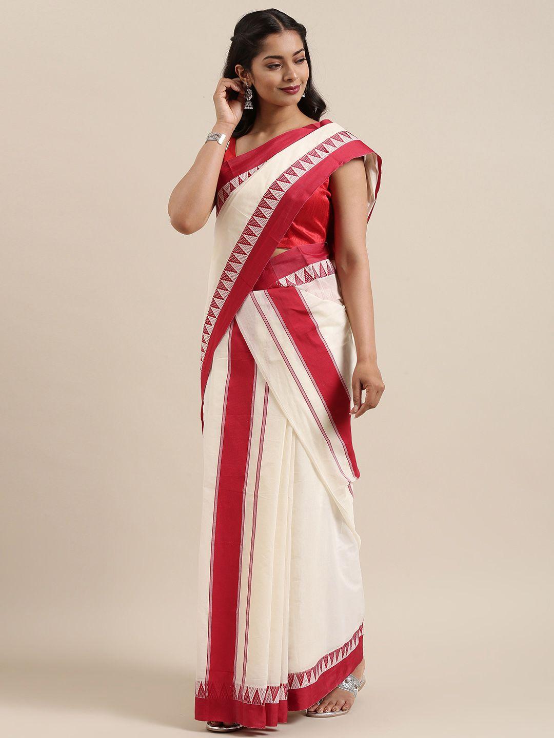 mitera off-white pure cotton solid kasavu set mundu saree