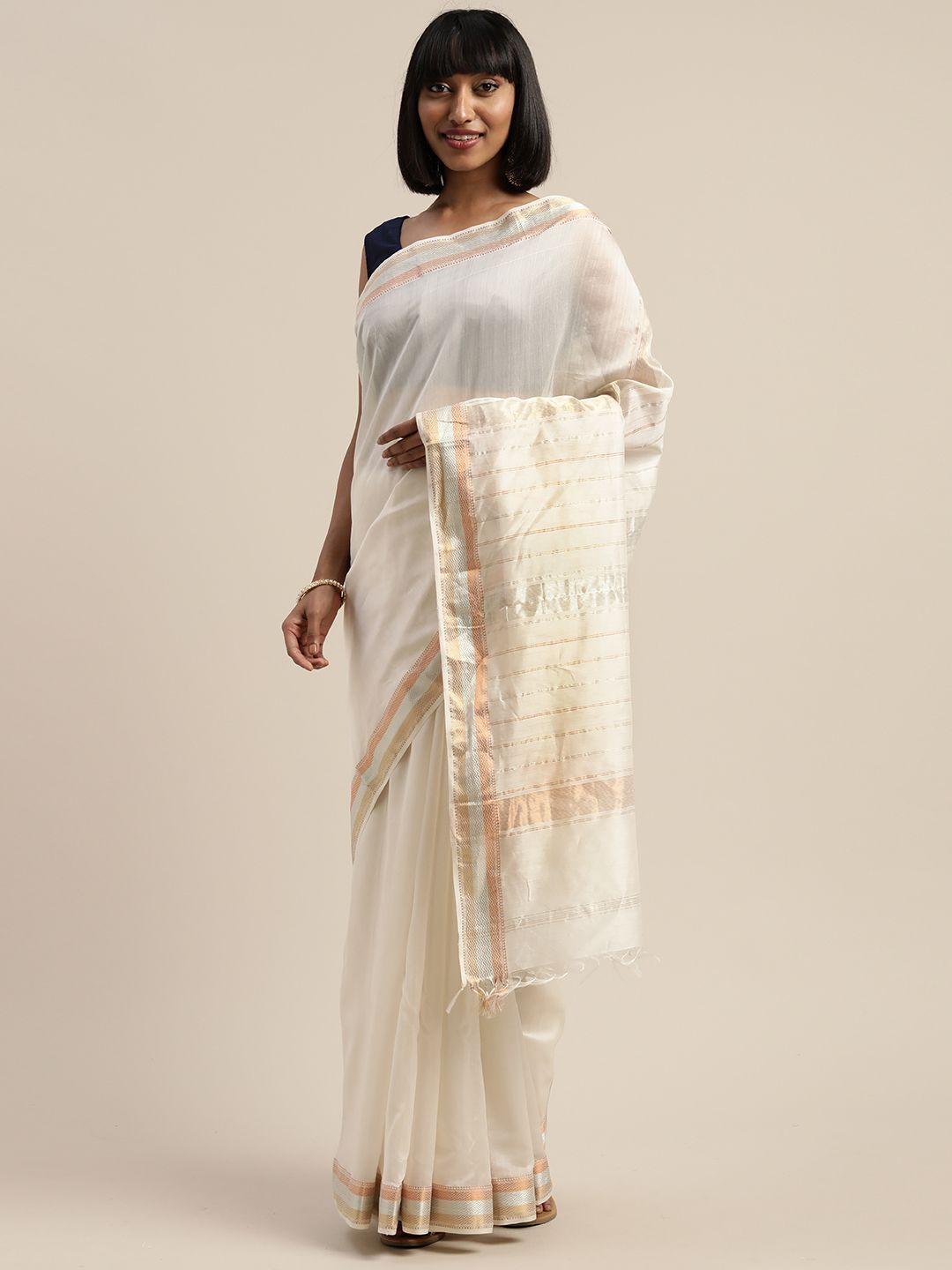 mitera off-white silk cotton liva solid maheshwari saree