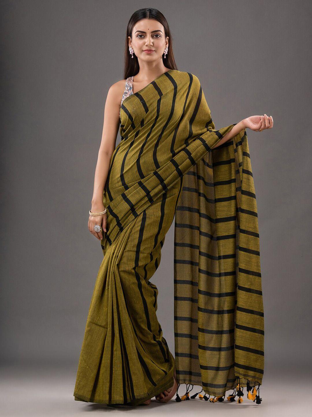 mitera olive green & black striped pure cotton saree