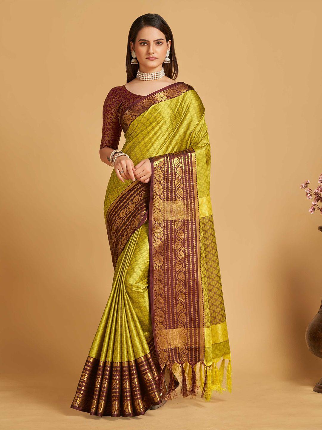 mitera olive green & brown ethnic woven design zari silk cotton banarasi saree